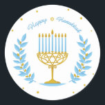 Adesivo Happy Hanukkah Sticker<br><div class="desc">Um bonito design Hanukkah com uma bonito menorah e vinhas em azul pastel e ouro.</div>