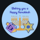 Adesivo Happy Hanukkah Sticker<br><div class="desc">"Desejo-te um Hanukkah feliz". Vinhetas com um sonho,  menorah e estrela de David em cores brilhantes.</div>