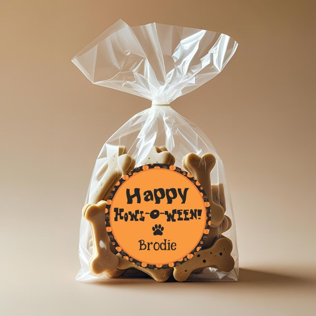 Adesivo Happy Howl-O-Ween Personalized Dog Halloween (Personalized Happy Howloween stickers for Halloween dog treats or favor bags.)