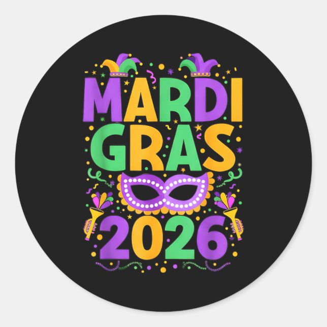 Adesivo Happy Mardi Gras 2026 Costume New Orleans Matching (Frente)