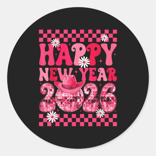 Adesivo Happy New Year 2026 Cowgirl Cowboy Disco Ball Girl (Frente)