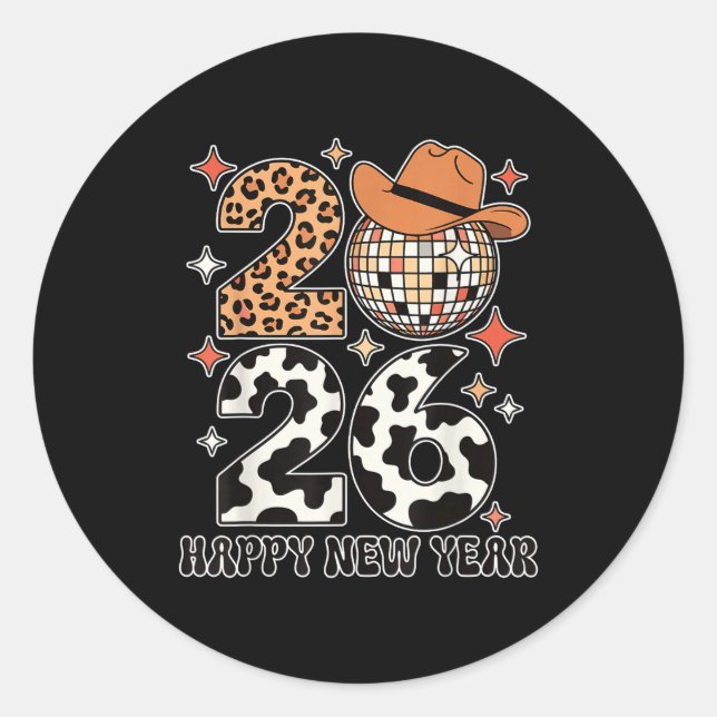 Adesivo Happy New Year 2026 Cowgirl Disco Ball Western Leo (Frente)