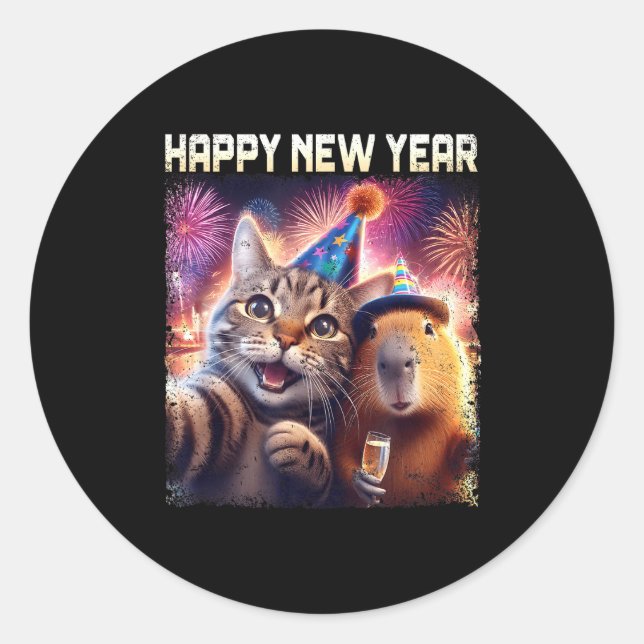 Adesivo Happy New Year 2026 Cute Cat Capybara Party Art  (Frente)
