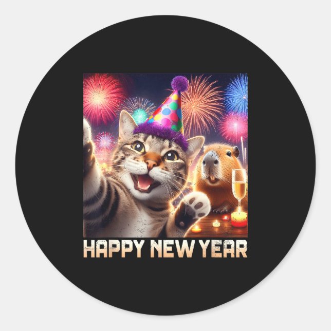 Adesivo Happy New Year 2026 Cute Cat Capybara Party Art  (Frente)