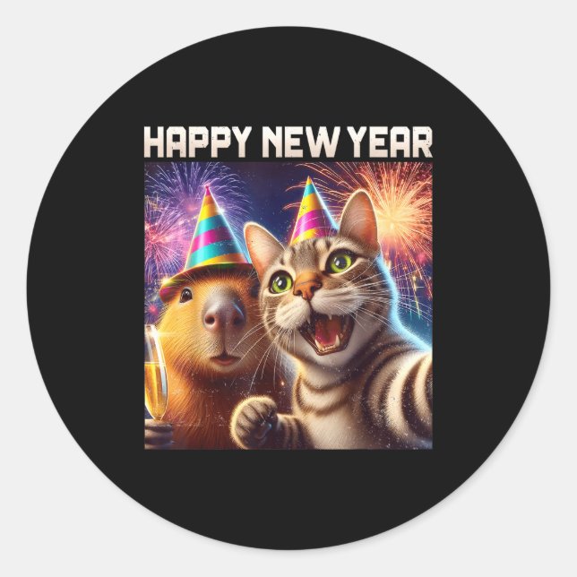Adesivo Happy New Year 2026 Cute Cat Capybara Party Art  (Frente)