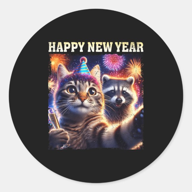 Adesivo Happy New Year 2026 Cute Cat Raccoon Celebration  (Frente)