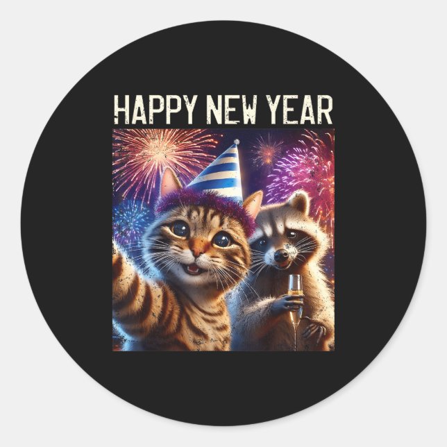 Adesivo Happy New Year 2026 Cute Cat Raccoon Celebration  (Frente)