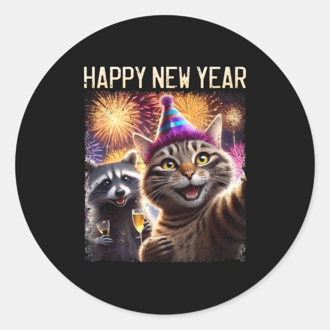 Adesivo Happy New Year 2026 Cute Cat Raccoon Celebration  (Frente)