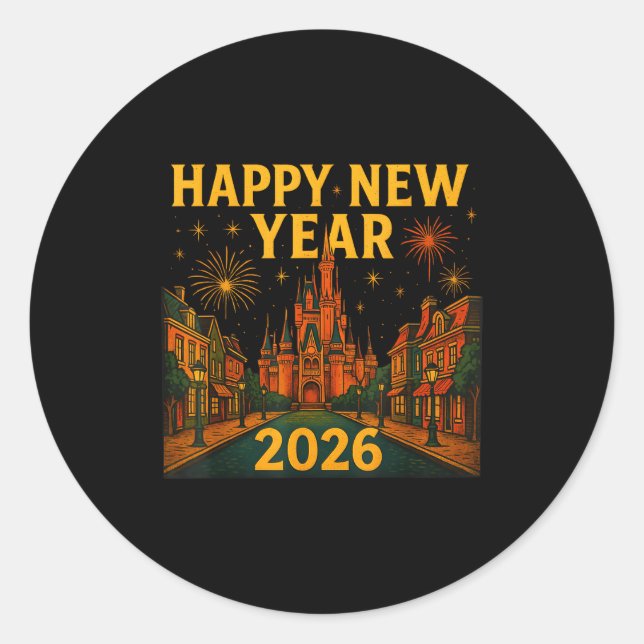 Adesivo Happy New Year 2026 Fantasy Castle Fireworks Night (Frente)