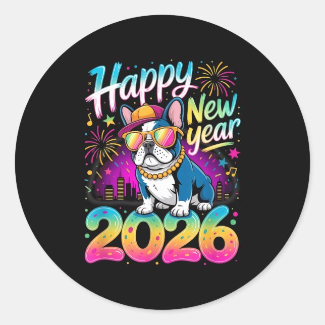 Adesivo Happy New Year 2026 French Bulldog Fireworks Party (Frente)