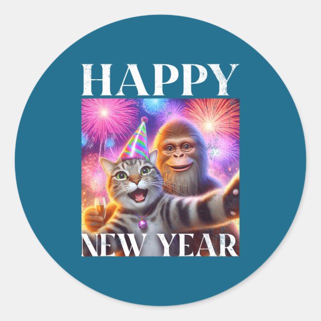 Adesivo Happy New Year 2026 Funny Cat Bigfoot Party Art  (Frente)