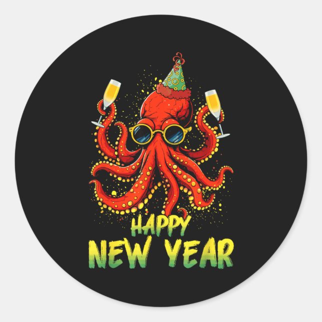 Adesivo Happy New Year 2026 Octopus Drinking Champagne New (Frente)