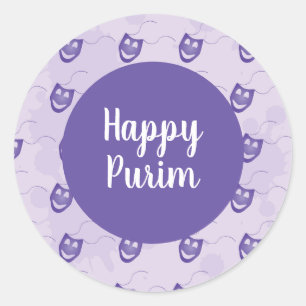 Adesivo Happy Purim - Padrão de máscara engraçada roxo