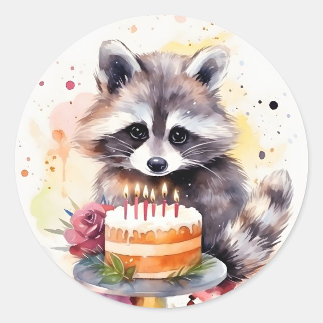 Adesivo Happy Raccoon com bolo de aniversário (Frente)
