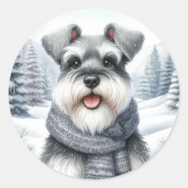 Adesivo Happy Schnauzer em Arte de Inverno Scarf (Frente)