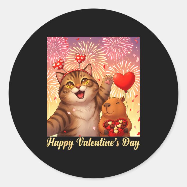 Adesivo Happy Valentines 2026 Cute Cat Capybara Party Art  (Frente)