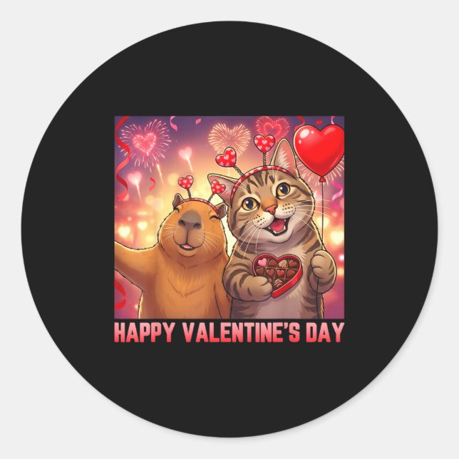Adesivo Happy Valentines 2026 Cute Cat Capybara Party Art  (Frente)