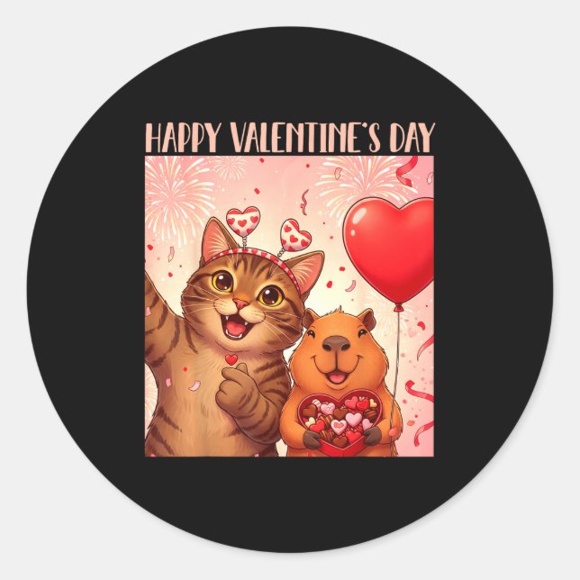 Adesivo Happy Valentines 2026 Cute Cat Capybara Party Art  (Frente)