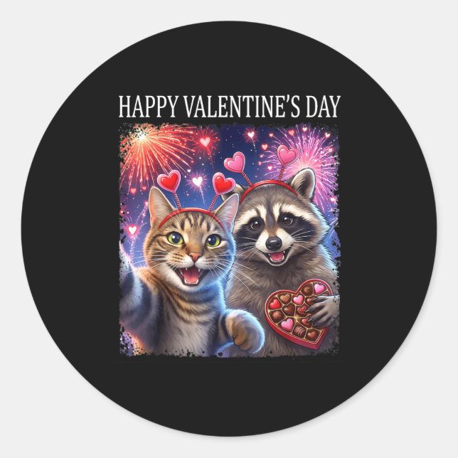 Adesivo Happy Valentines 2026 Cute Cat Raccoon Party Art  (Frente)