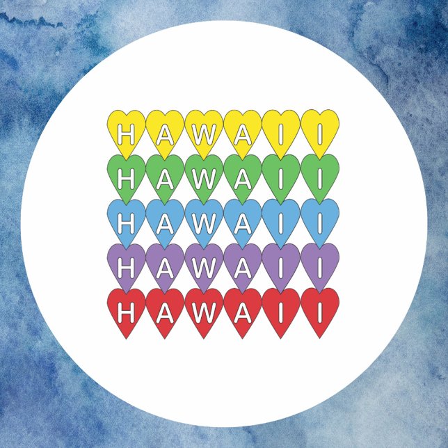 Adesivo Hawaii Hearts Rainbow (A sticker that says Hawaii in yellow, green, blue, purple and red hearts)