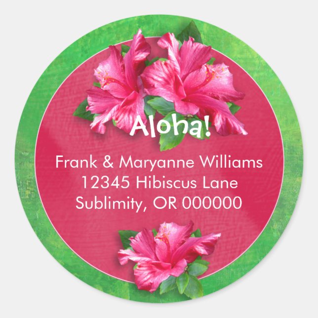 Adesivo Hawaiian Luau Endereço Labels com Pink Hibiscus (Frente)