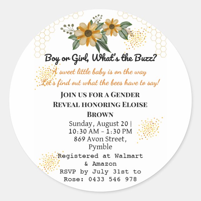 Adesivo He or She Bee Yellow Floral Gender Reveal Party  (Frente)