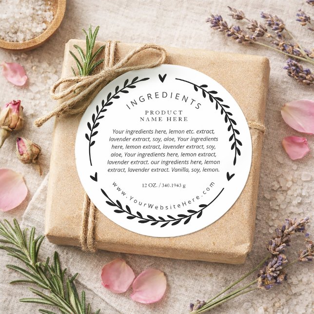 Adesivo Heart Laurel Wreath Ingredients Label Stickers (Heart Laurel Wreath Ingredients Label Stickers)