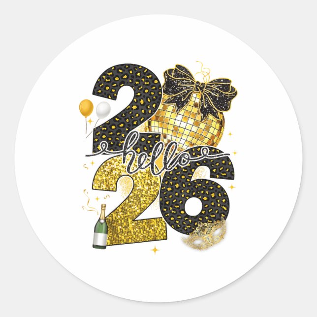 Adesivo Hello 2026 Happy New Year Disco Ball Nye Countdown (Frente)