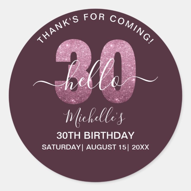 Adesivo Hello 30! Modern 30th birthday Pink glitter (Frente)