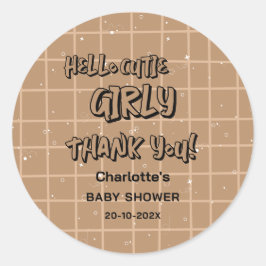 Adesivo Hello Cutie Girly Cute Brown Gingham Baby Shower