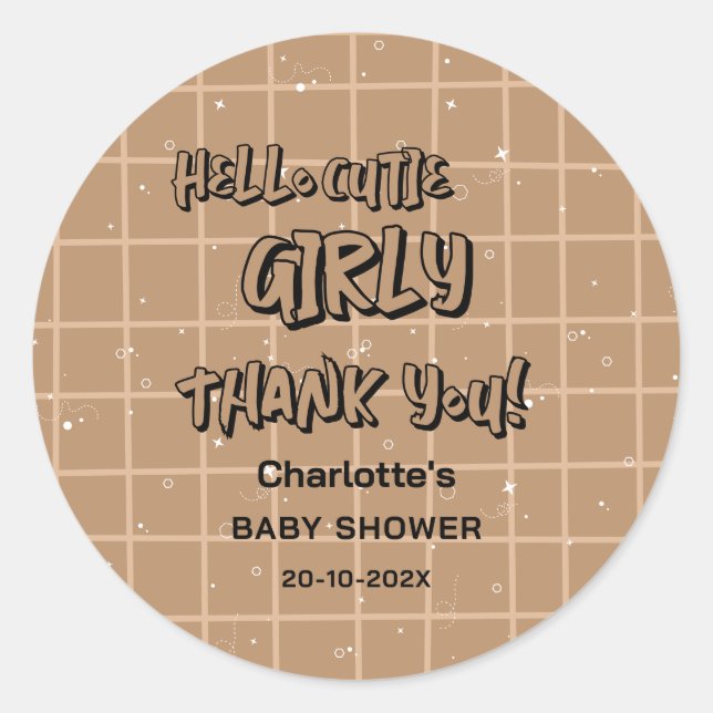 Adesivo Hello Cutie Girly Cute Brown Gingham Baby Shower (Frente)