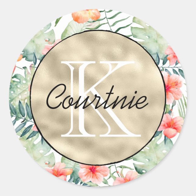 Adesivo Hibiscus Floral Dourado Monograma Rosa Tropical    (Frente)