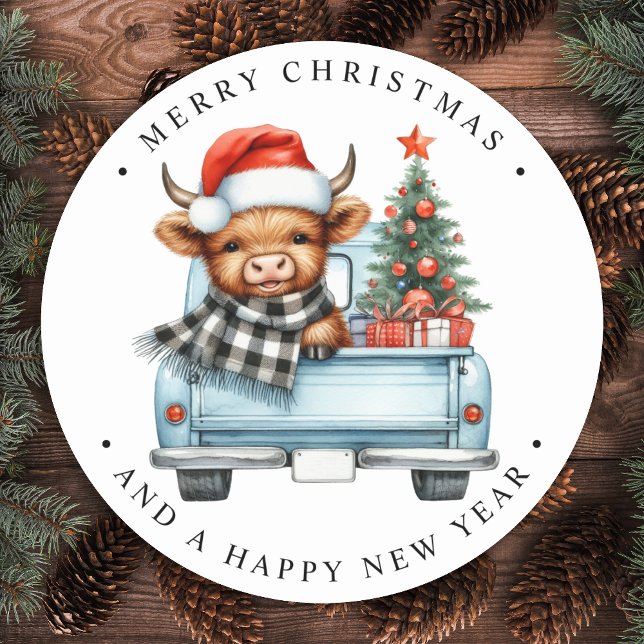 Adesivo Highland Cow Vintage Blue Truck Feliz Natal (Criador carregado)