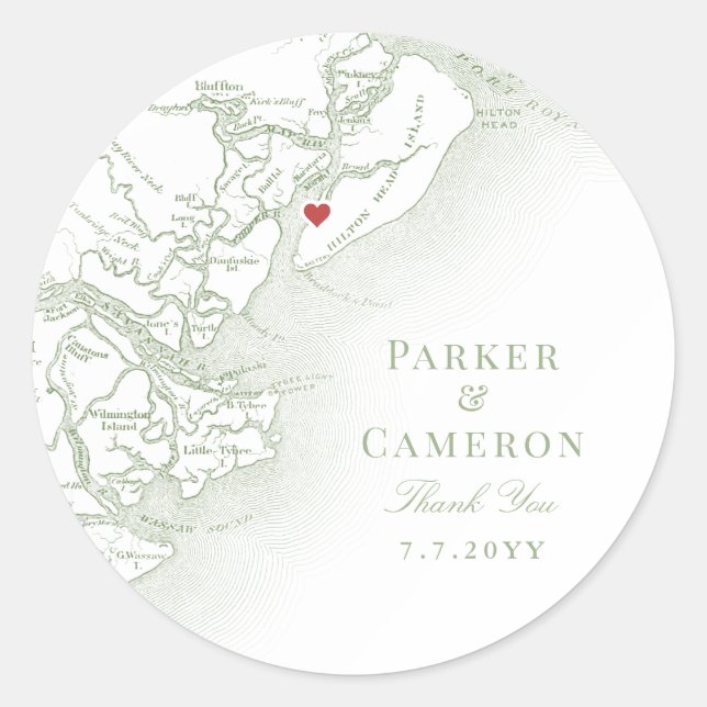 Adesivo Hilton Head SC Map Elegant Sage Weding Favor (Frente)