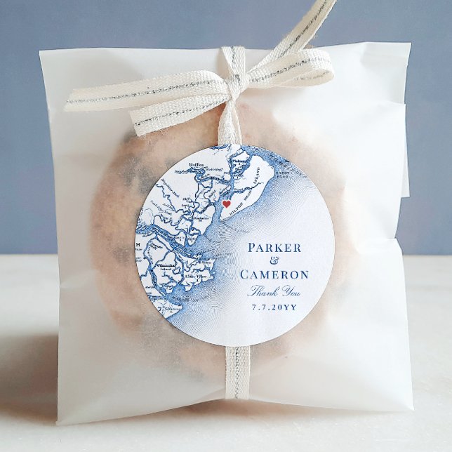 Adesivo Hilton Head SC Map Marinho Blue Elegant Weding Fav (Hilton Head Wedding Elegant navy blue Wedding Favor Thank You Sticker Label from Coastal Map Designs)