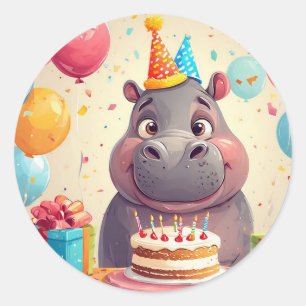 Adesivo Hipopótamo Adorável Celebrando Aniversário com Bol