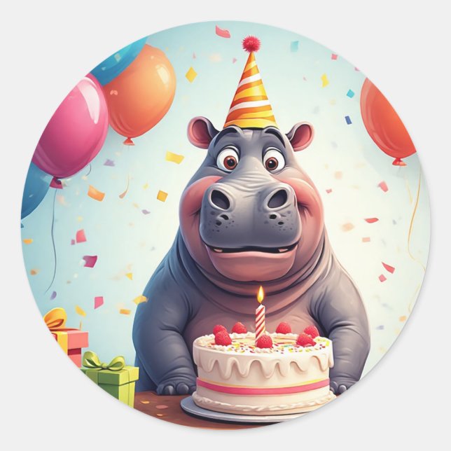 Adesivo Hippo Adorável Celebrando Aniversário com Bolo (Frente)