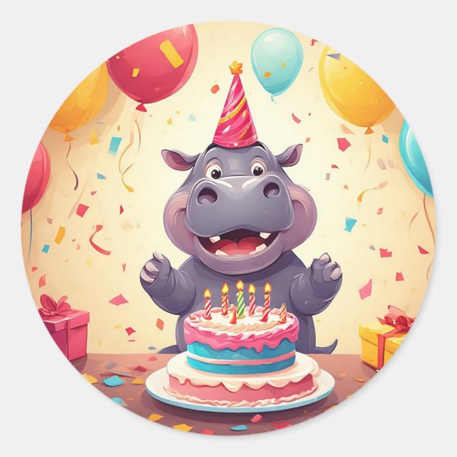 Adesivo Hippo Adorável Celebrando Aniversário com Bolo (Frente)