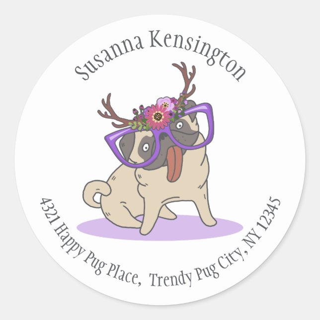 Adesivo Hipster Bonito Boho Hippie Pug Big Glass Endereço (Frente)