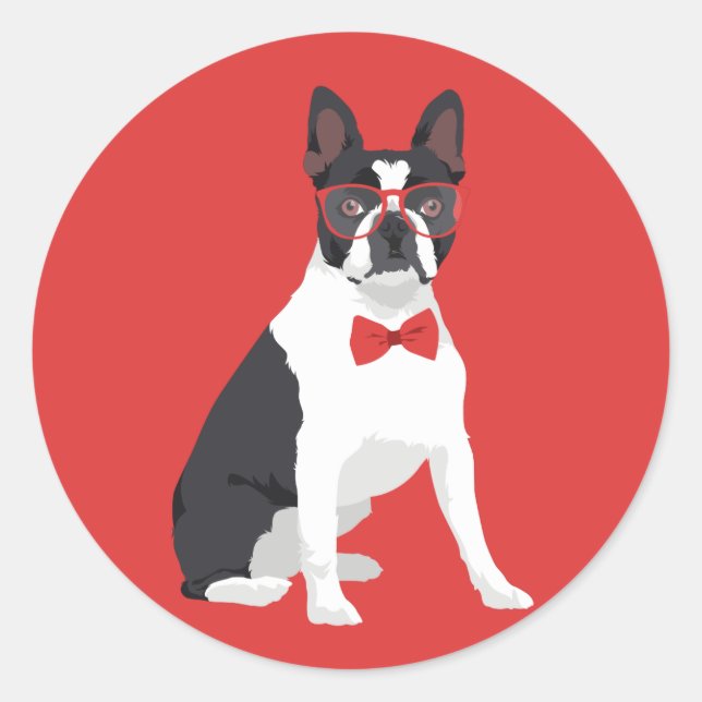 Adesivo Hipster Boston Terrier com óculos vermelhos e pres (Frente)