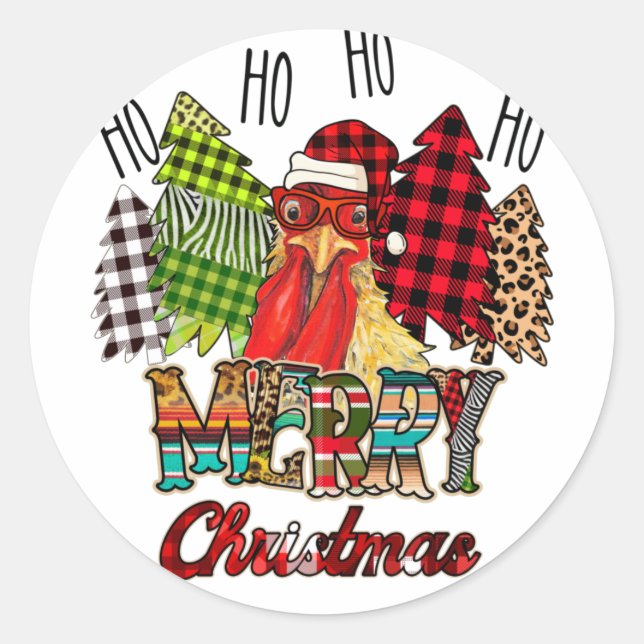 Adesivo HO HO HO Merry Christmas Chicken Farmer Tree Plaid (Frente)