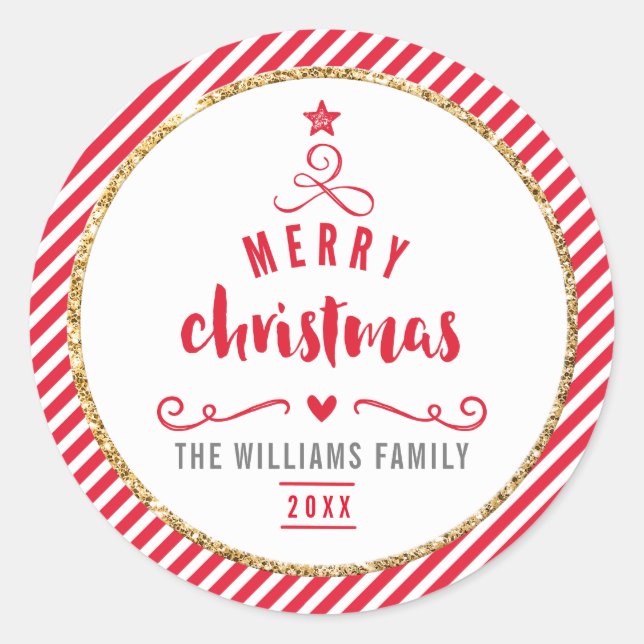 Adesivo HOLIDAY SEAL, árvore de natal alegre, faixa vermel (Frente)