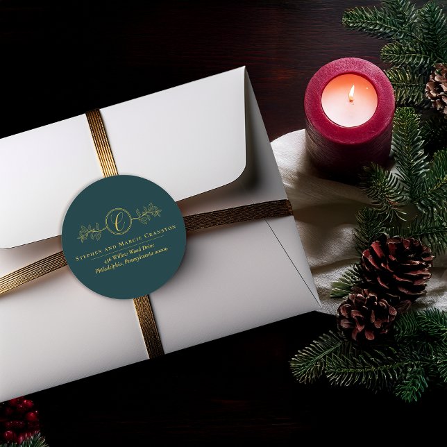 Adesivo Holly | Berries Faux Gold Monogram Return Address (Elegant Holly and Berries with Gold Monogram Return Address Dark Teal Green Classic Round Sticker)