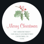 Adesivo Holly Berries Merry Christmas Return Endereço<br><div class="desc">Adicione alegria de férias com este adesivo com um design simples, mas elegante, com uma coroa de água pintada com bagas sagradas e verde juntamente com "Feliz Natal" em vermelho e seu endereço de retorno em verde. Estes adesivos fazem selos de envelopes de excelente e são perfeitos para adicionar um...</div>