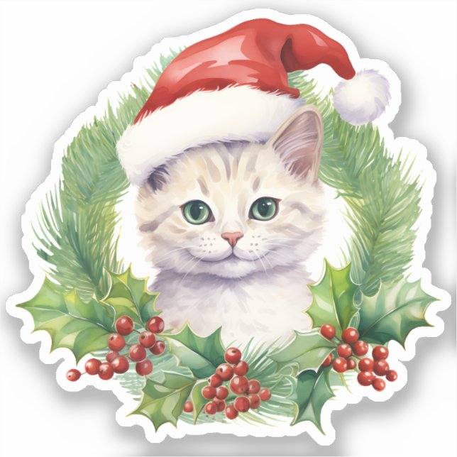 Adesivo Holly Berries Wreath Bonito Gato De Natal Sorriden (Frente)