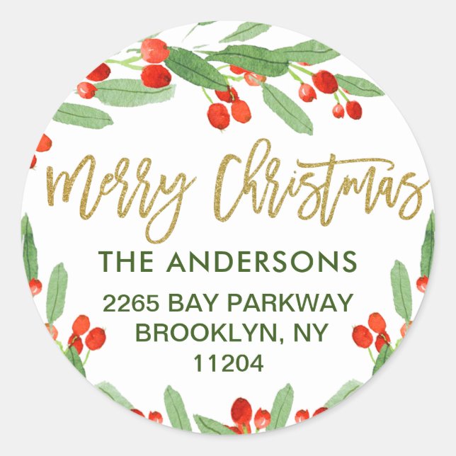 Adesivo Holly Berry Watercolor Endereço de Natal (Frente)