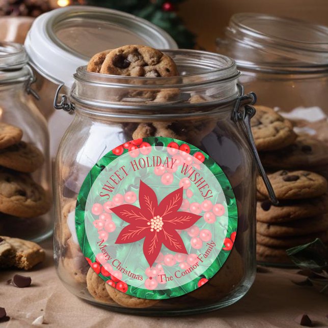 Adesivo Holly Floral Natal Natal Natal - Baking Holiday (Holly Berries and Poinsettia  Christmas Homemade Holiday Baking 3" Round Stickers)