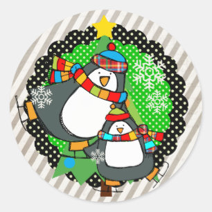 Adesivo Holly Jolly Skating Penguins Round Sticker