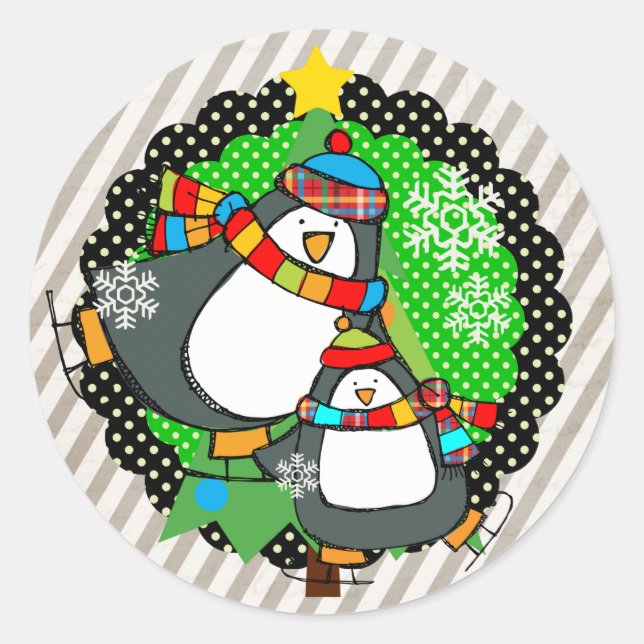 Adesivo Holly Jolly Skating Penguins Round Sticker (Frente)