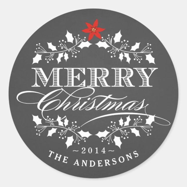 Adesivo Holly Wreath Christmas Chalkboad Typoographic Labe (Frente)